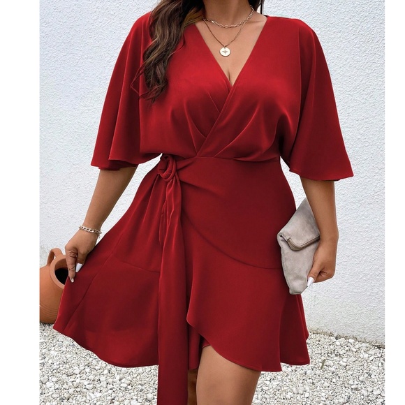 Plus solid Batwing Sleeve Ruffle Hem Mini Dress - Picture 7 of 10